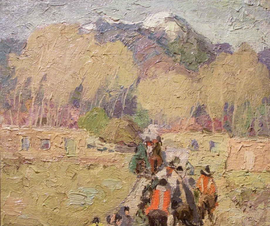 Taos Mountain, Trail Home by Cordelia Wilson (1920). An early 20th century landscape entirely executed with a bold impasto technique.